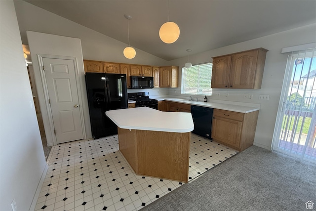 166 E Cove Rd, Saratoga Springs, UT 84045 - kitchen with black appliances, vaulted ceiling, a sink, a center island, and plenty of natural light