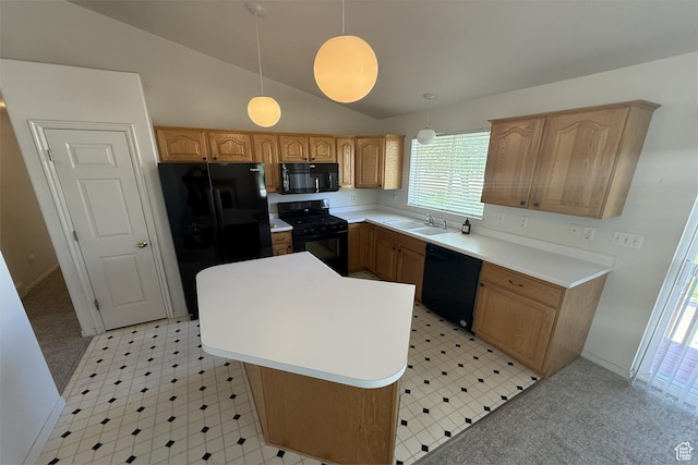 166 E Cove Rd, Saratoga Springs, UT 84045 - kitchen featuring black appliances, vaulted ceiling, light flooring, a center island, and light countertops