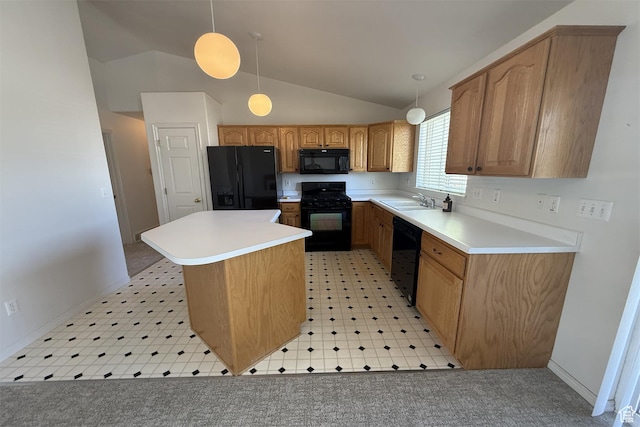 166 E Cove Rd, Saratoga Springs, UT 84045 - kitchen featuring black appliances, lofted ceiling, a center island, a sink, and light countertops