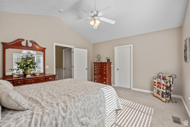 bedroom with lofted ceiling, carpet, baseboards, ceiling fan, and visible vents