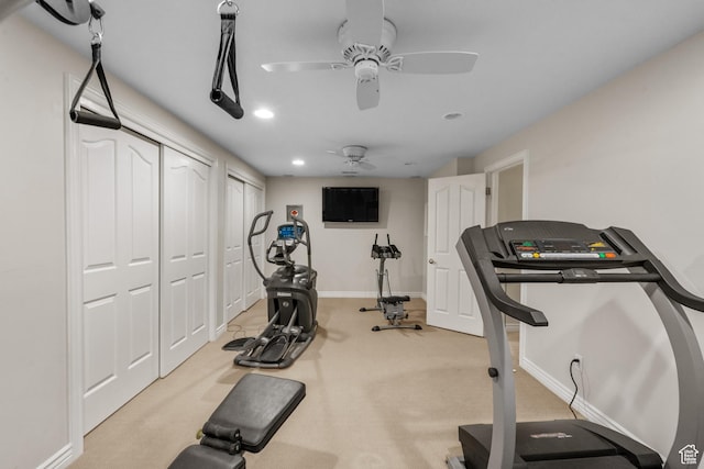 workout room with ceiling fan, light colored carpet, baseboards, and recessed lighting