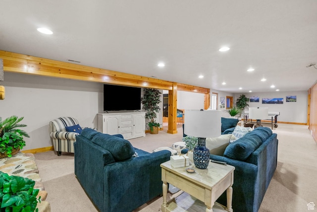 living area featuring baseboards, light carpet, visible vents, and recessed lighting