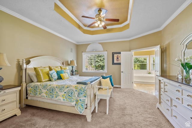 bedroom featuring a tray ceiling, multiple windows, crown molding, and light colored carpet