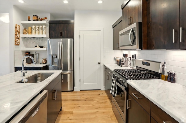 2237 N 450 W, Layton, UT 84041 - kitchen with a sink, open shelves, dark brown cabinetry, light wood-style flooring, and appliances with stainless steel finishes