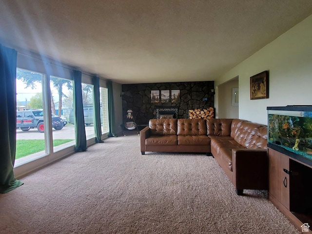 350 N 3rd St, Montpelier, ID 83254 - carpeted living area with a stone fireplace
