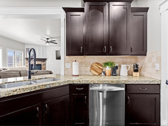 1827 W Burke Ln, Farmington, UT 84025 - kitchen featuring a ceiling fan, a sink, dark brown cabinetry, dishwasher, and tasteful backsplash