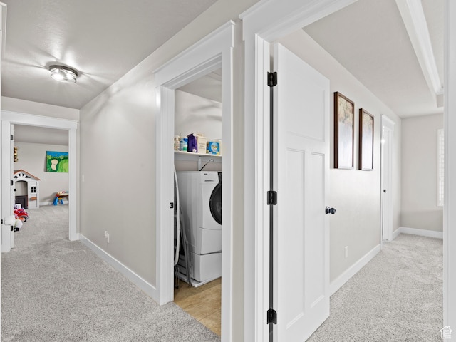 1827 W Burke Ln, Farmington, UT 84025 - hall with baseboards, light carpet, and washer / clothes dryer