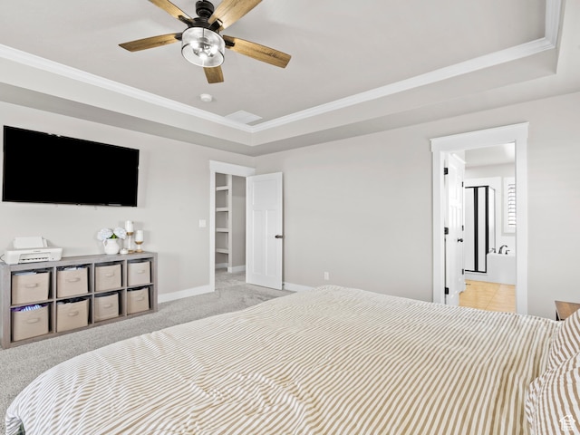 1827 W Burke Ln, Farmington, UT 84025 - carpeted bedroom with ensuite bathroom, ornamental molding, ceiling fan, a tray ceiling, and baseboards