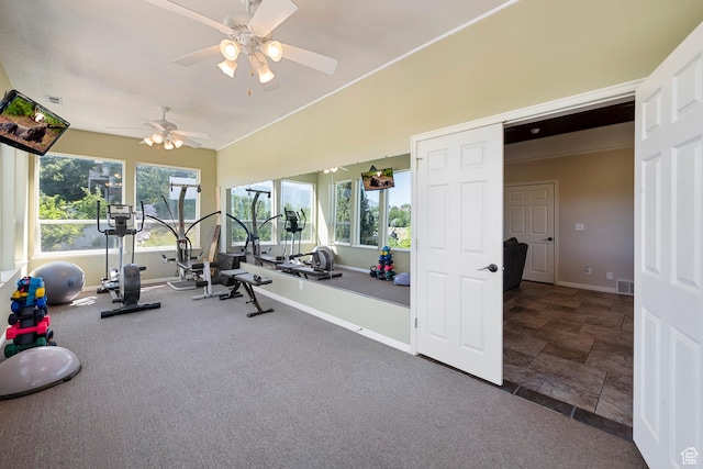 2247 Country Oaks Dr, Layton, UT 84040 - exercise area featuring a ceiling fan and stone finish flooring