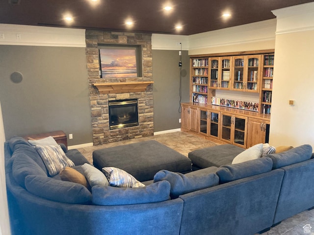 2247 Country Oaks Dr, Layton, UT 84040 - living room with baseboards, a stone fireplace, and recessed lighting