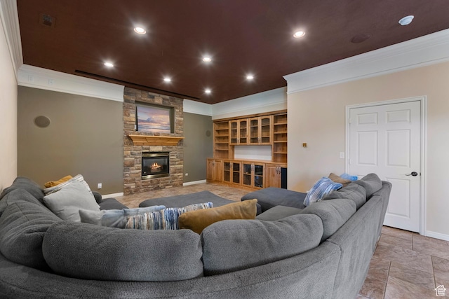 2247 Country Oaks Dr, Layton, UT 84040 - living area featuring crown molding, recessed lighting, and a stone fireplace