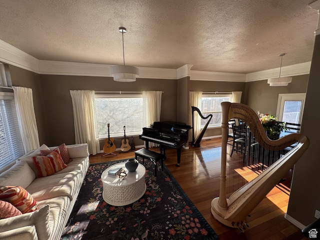 2247 Country Oaks Dr, Layton, UT 84040 - living room with a textured ceiling, wood finished floors, baseboards, and ornamental molding