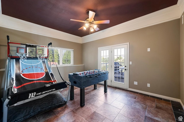 2247 Country Oaks Dr, Layton, UT 84040 - rec room featuring ornamental molding, a ceiling fan, and stone tile floors