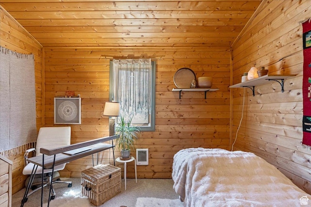 1071 S Foothill Dr E Unit 1, Kamas, UT 84036 - bedroom featuring vaulted ceiling, wooden walls, wood ceiling, and carpet flooring