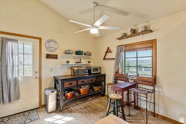 1071 S Foothill Dr E Unit 1, Kamas, UT 84036 - interior space with wood finished floors, a toaster, baseboards, ceiling fan, and lofted ceiling