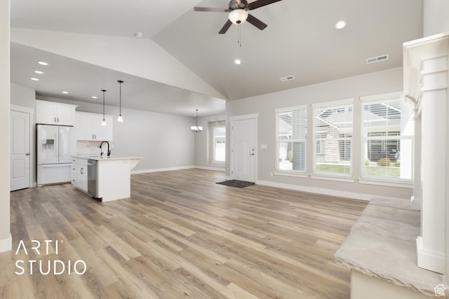 814 E 110 S, Salem, UT 84653 - unfurnished living room with light wood finished floors, a ceiling fan, visible vents, and recessed lighting