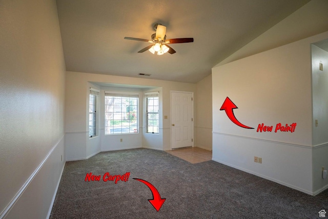 1090 E 700 S Unit 16, St George, UT 84790 - carpeted spare room featuring a ceiling fan, visible vents, baseboards, and lofted ceiling