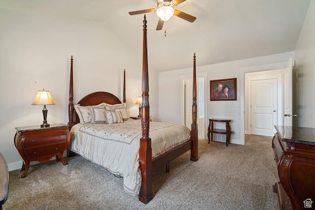 bedroom featuring vaulted ceiling, ceiling fan, carpet floors, and baseboards