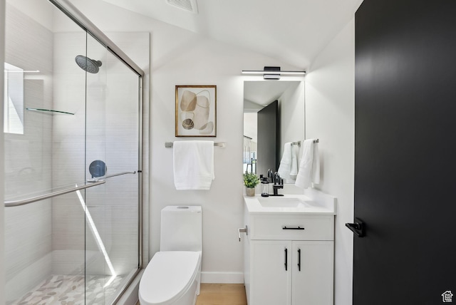 3520 S Westwood Dr E, Millcreek, UT 84109 - bathroom with a stall shower, toilet, visible vents, vanity, and vaulted ceiling