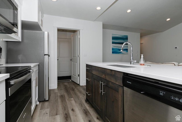 2396 N 150 E, North Logan, UT 84341 - kitchen featuring light wood finished floors, a sink, dark brown cabinetry, light countertops, and appliances with stainless steel finishes