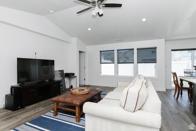 2396 N 150 E, North Logan, UT 84341 - living area with wood finished floors, visible vents, recessed lighting, vaulted ceiling, and a ceiling fan