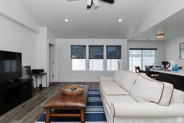 2396 N 150 E, North Logan, UT 84341 - living room featuring wood finished floors, ceiling fan, and recessed lighting