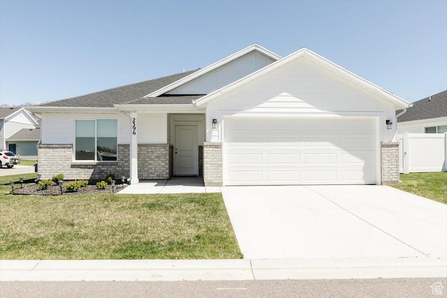 ranch-style home with driveway, brick siding, fence, a garage, and a front lawn