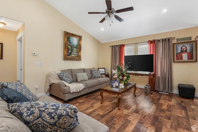 4999 W Tobago Ln, Herriman, UT 84096 - living room with wood finished floors, baseboards, ceiling fan, lofted ceiling, and recessed lighting