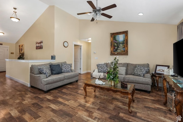 4999 W Tobago Ln, Herriman, UT 84096 - living room with high vaulted ceiling, baseboards, a ceiling fan, and wood finished floors