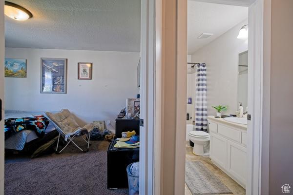bedroom with light colored carpet, a textured ceiling, and ensuite bathroom
