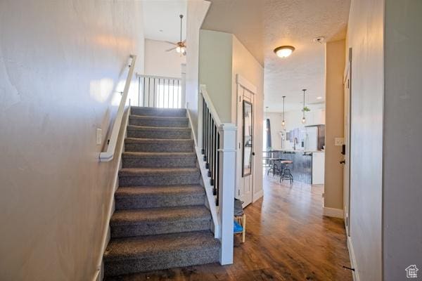 staircase featuring baseboards, a ceiling fan, and wood finished floors