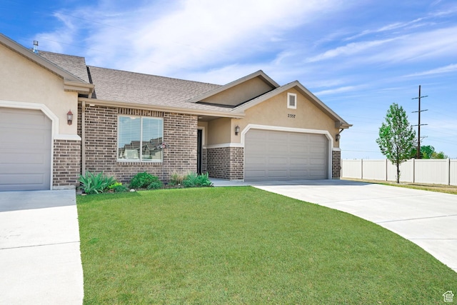 ranch-style house featuring an attached garage, fence, a front lawn, brick siding, and driveway