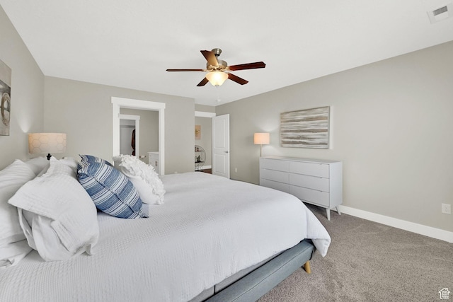 carpeted bedroom featuring a ceiling fan, baseboards, and visible vents