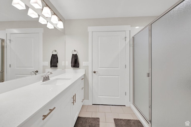 bathroom featuring a shower stall, tile patterned floors, and vanity
