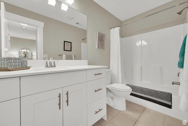 full bath featuring toilet, radiator, visible vents, tile patterned flooring, and vanity