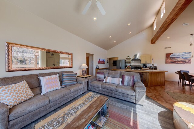 3686 S Spanish Valley Dr Unit K-2, Moab, UT 84532 - living room with a ceiling fan, recessed lighting, beam ceiling, and high vaulted ceiling