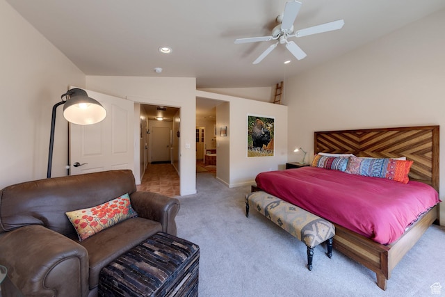 3686 S Spanish Valley Dr Unit K-2, Moab, UT 84532 - carpeted bedroom with connected bathroom, a ceiling fan, baseboards, lofted ceiling, and recessed lighting