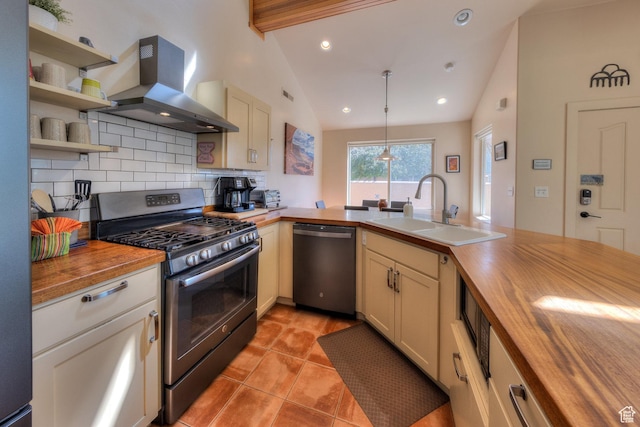 3686 S Spanish Valley Dr Unit K-2, Moab, UT 84532 - kitchen featuring a sink, wood counters, stainless steel appliances, range hood, and backsplash