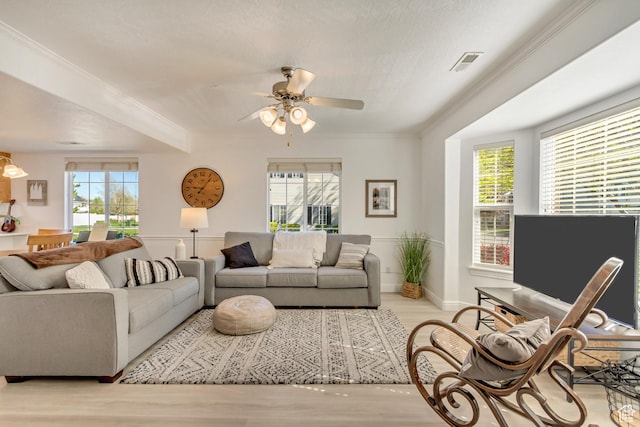 747 N 200 E, Springville, UT 84663 - living room featuring baseboards, ornamental molding, light wood finished floors, ceiling fan, and visible vents