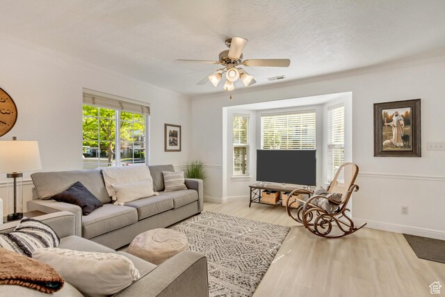 747 N 200 E, Springville, UT 84663 - living area featuring light wood-style flooring, a ceiling fan, visible vents, baseboards, and ornamental molding