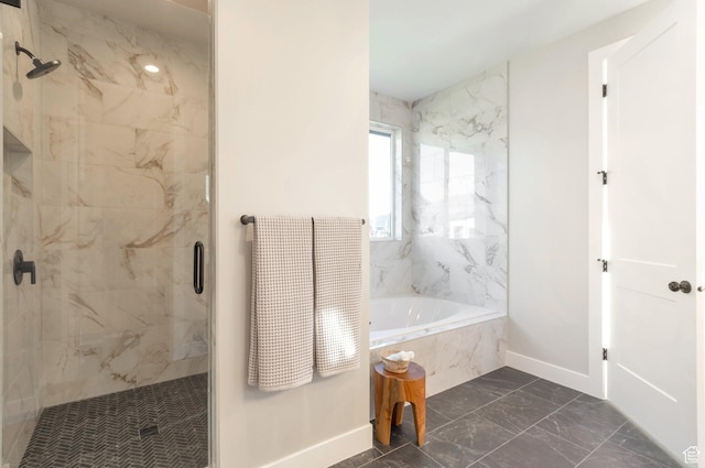 514 S 1450 W, Farmington, UT 84025 - bathroom with a shower stall, baseboards, marble look tiles, and a bath