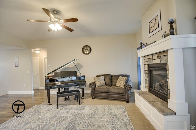 249 E 1800 N, Beaver, UT 84713 - living room with a ceiling fan, a fireplace, and baseboards
