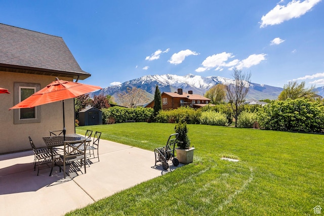 65 W Carnesecca Ct N, Mapleton, UT 84664 - view of yard featuring a patio area, a storage shed, a mountain view, and an outbuilding