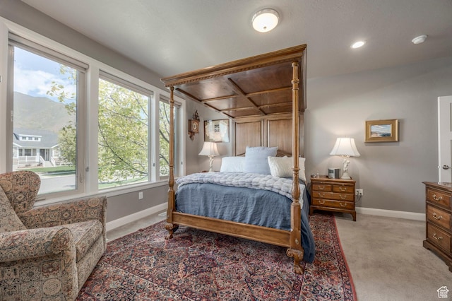 65 W Carnesecca Ct N, Mapleton, UT 84664 - bedroom featuring baseboards, recessed lighting, a mountain view, and light colored carpet