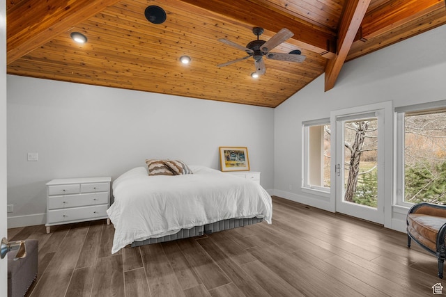 1303 Country Ln, Kamas, UT 84036 - bedroom featuring wooden ceiling, baseboards, access to exterior, and vaulted ceiling with beams