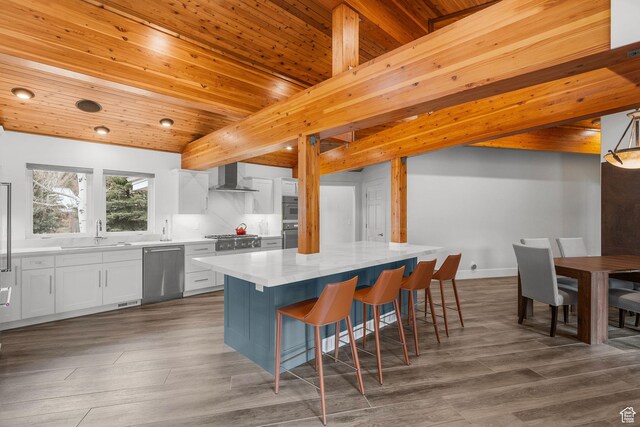 1303 Country Ln, Kamas, UT 84036 - kitchen featuring a sink, wall chimney range hood, a center island, white cabinets, and appliances with stainless steel finishes
