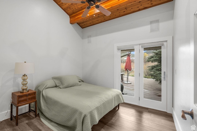 1303 Country Ln, Kamas, UT 84036 - bedroom featuring wood ceiling, wood finished floors, access to exterior, and high vaulted ceiling