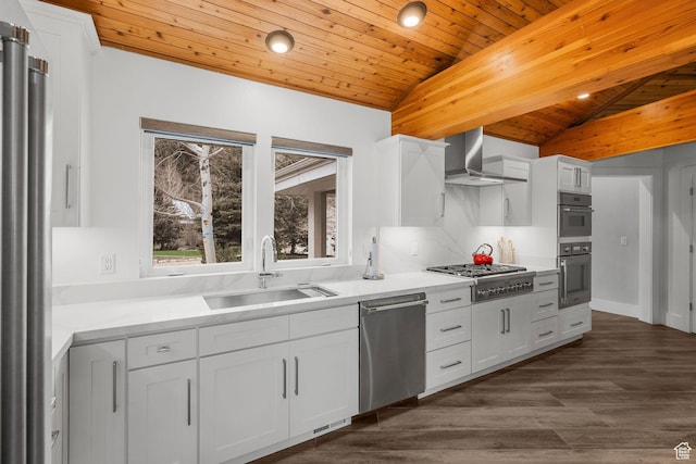 1303 Country Ln, Kamas, UT 84036 - kitchen featuring a sink, stainless steel appliances, wall chimney range hood, wooden ceiling, and vaulted ceiling