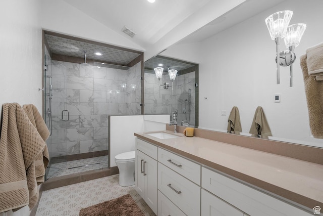 1303 Country Ln, Kamas, UT 84036 - full bathroom featuring lofted ceiling, toilet, visible vents, a shower stall, and vanity
