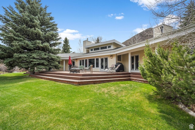 1303 Country Ln, Kamas, UT 84036 - back of house with french doors, a yard, a chimney, and a wooden deck